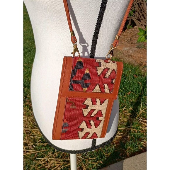 EM May Embroidered Handwoven Wool Leather Bag Multicolor Made In Turkey Kilim - Picture 2 of 11